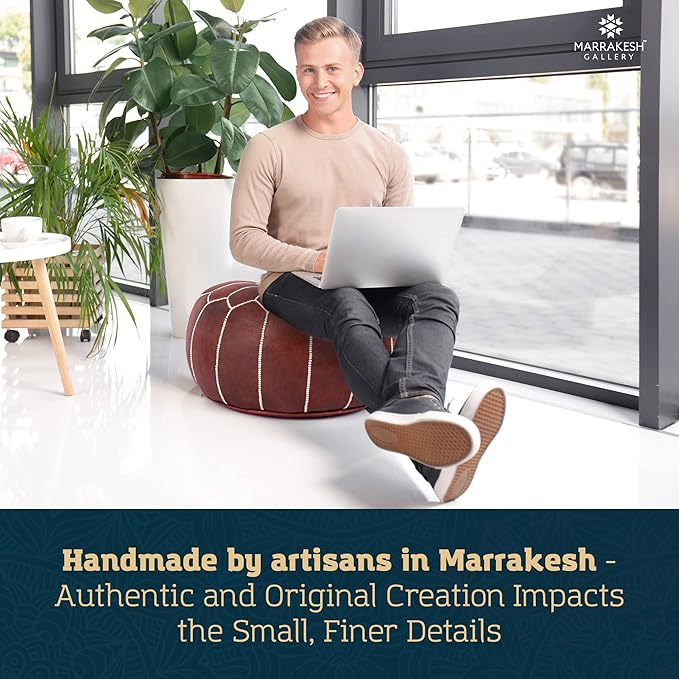 Marrakesh Gallery Genuine Leather Round Pouf Cover - Handmade Moroccan Ottoman Footstool, Unstuffed Footrest - Boho Decor - Bohemian Living Room, Bedroom, Kids Room - Housewarming Gift & Wedding