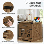 Walnut Farmhouse End Table with Charging Station, 24" Large Sofa Side Table with Drawer, Large End Table for Living Room, Wooden Nightstand with Outlet, Square, Walnut