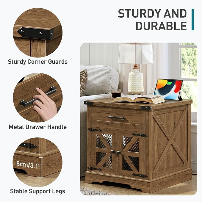 Farmhouse End Table Set of 2, 24" Large Sofa Side Table with Drawer, Large End Table for Living Room, Wooden Nightstand with Charging Station, Square, Walnut