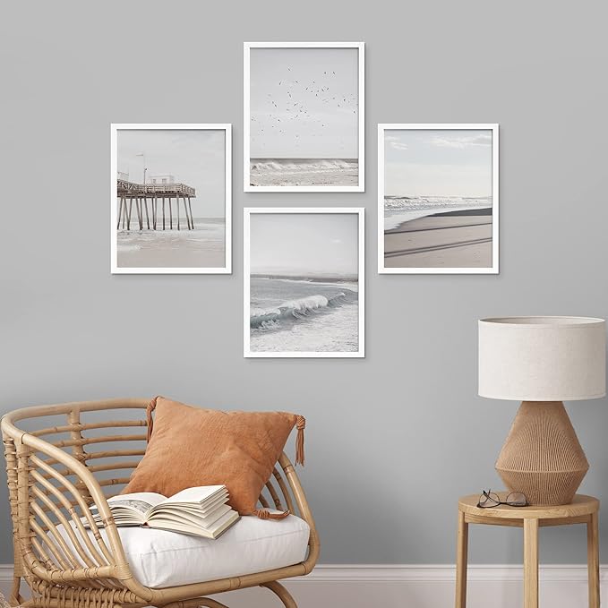 SIGNWIN Framed White Minimalist California Ocean Beach Seashore Pier Wall Art, Set of 4 Landscape Colorful Wall Decor Prints, Nature Wilderness Wall Décor for Living Room, Bedroom - 11"x14" White