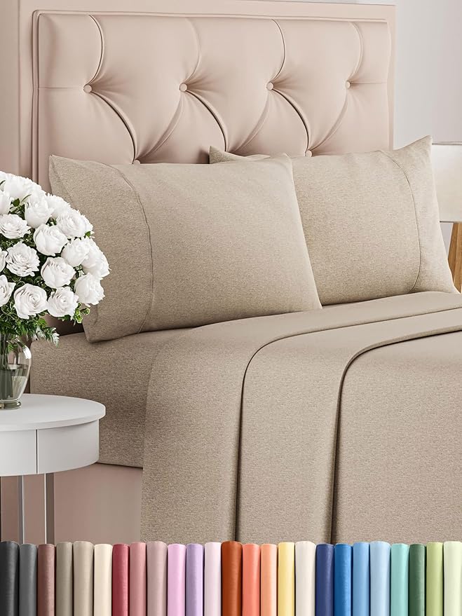 Full Size 4 Piece Sheet Set - Comfy Breathable & Cooling Bed Sheets Set - Hotel Luxury Bedding for Women, Men, Kids, Teens, Boys & Girls - Deep Pockets, Soft & Wrinkle Free - Beige (Heathered Sheets)