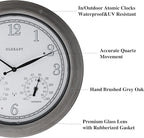 CLXEAST 18 Inch Farmhouse Illuminated Outdoor Atomic Wall Clock with Thermometer & Hygrometer Combo, Night Lighted Wall Clock with Smart Sensor, Weather Stations,Brushed Grey Oak Finish