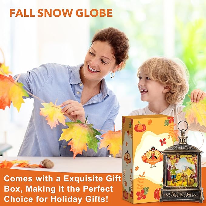 12.5'' Fall Snow Globe Lantern - Scarecrow and Turkey Lighted Water Lantern with Swirling Glitter Fall Decorations for Home, Thanksgiving, Autumn Harvest Fall Decor