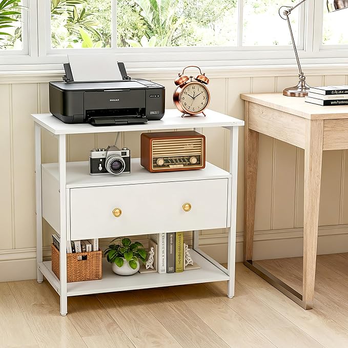 27 Inch Wide Night Stand Set 2 with Charging Station, Wood Nightstand with Open Shelf, Large Drawer Bedside Table for Living Room/Bedroom/Office (White)