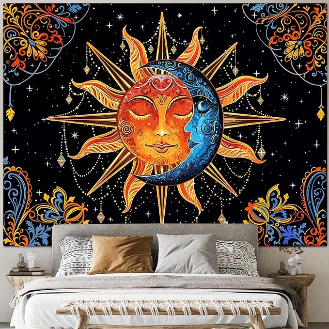 Lunerfex Sun and Moon Tapestry Mandala Wall Tapestry, Cute Tapestries for Bedroom Ceiling Tapestries Wall Hanging for Bedroom Living Room Decor Sun-1 70"x90"