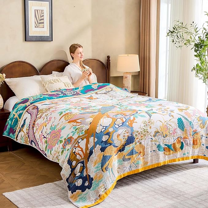 Fall Throw Blanket for Couch, Yellow Boho Decorative Throw Blanket, 100% Cotton Muslin Breathable Woven Farmhouse Blankets Quilt, 60"x80" Reversible Lightweight Blankets Bohemian Throw Quilt