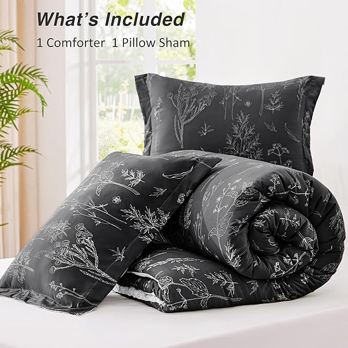 Love's cabin Black Twin Comforter Set - Twin XL Size Comforter Set Dorm Bedding, 2 Pieces Cute Floral Bedding, Soft Reversible Flowers Comforter, 1 Comforter & 1 Pillow Sham