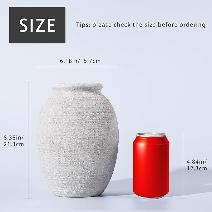 8 Inch White Ceramic Vase - Rustic Vintage Decorative Vase for Home - Farmhouse Pottery Vase for Flowers - Modern Vintage Dining Table Centerpiece， Lyeec Vases Set