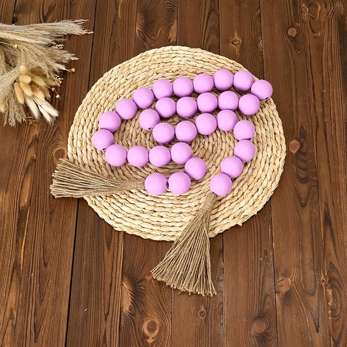 OMISHE 60" Long Large Wood Bead Garland with 1.6" Diameter Wooden Beads and Tassels, Rustic Farmhouse Country Wood Beads Garland for Home Tiered Tray Decor, Decorative Beads with Tassels Purple