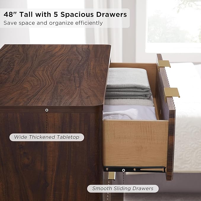 T4TREAM Fluted 5 Drawers Dresser, 48" Tall Modern Chest of Drawers, Curved Profile Design, Wood Drawer Organizer for Bedroom, Living Room, Hallway, Entryway, Dark Walnut