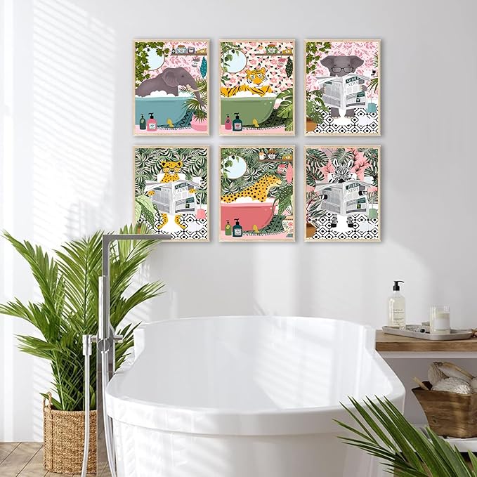 Funny Cute Canvas Art Wall Prints Set of 6, Kids Bathroom Decor Wall Art with Elephant, Zebra, Tiger Animal Pictures, Modern Humor Animals Bathroom Decor