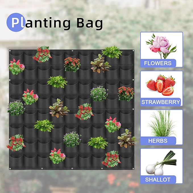 72 Pockets Hanging Planter Bags, Hanging Vertical Wall Mounted Plant Planting Grow Bags, Herb Garden Planter Outdoor Indoor Growing Bag, Gardening Vertical Greening Flower Container(1m×1m, Black)