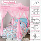 Twin Size Bed Canopy with Lights, Bed Canopy for Girls Princess with Luminous Stars, Canopy Bed Curtains for Twin Bed Kids Indoor Decor Bedroom, 4 Corner Post Bunk Bed for Student Dormitory, Pink