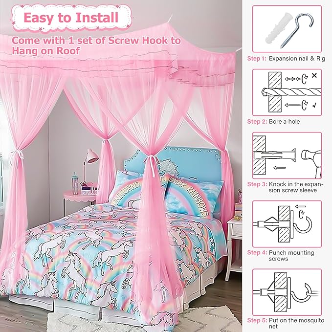Twin Size Bed Canopy with Lights, Bed Canopy for Girls Princess with Luminous Stars, Canopy Bed Curtains for Twin Bed Kids Indoor Decor Bedroom, 4 Corner Post Bunk Bed for Student Dormitory, Pink