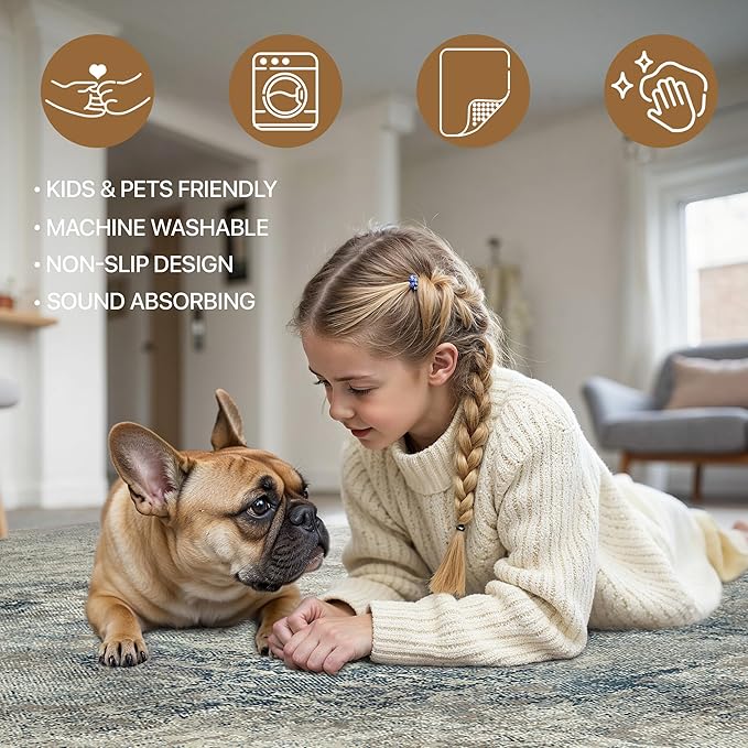 Area Rugs 10x12 for Living Room Bedroom, Modern Abstract Machine Washable Rug, Large Soft Low Pile Floor Carpet with Non Slip Backing for Dining Room, Light Gray Blue