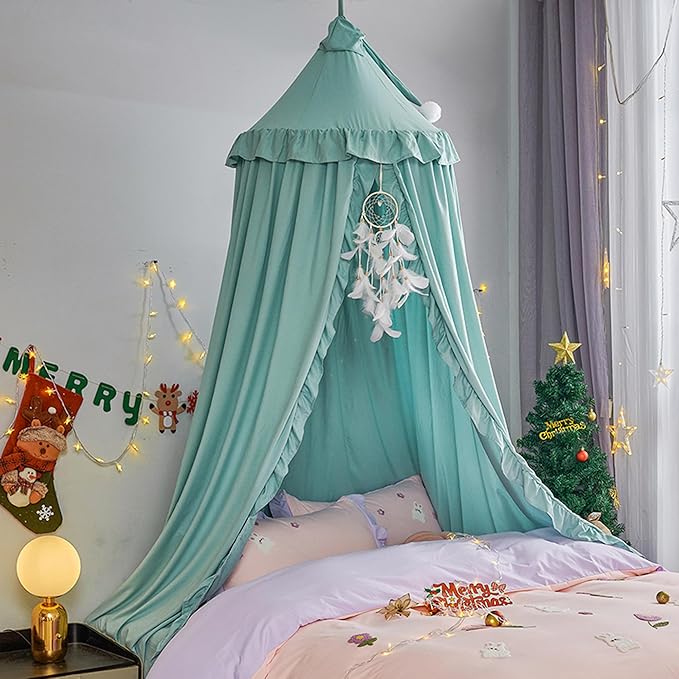 VETHIN Bed Canopy for Girls,Princess Round Dome Dreamy Mosquito Net Bedding Girls Room Castle Play Tent Hanging House Decor Reading Nook Canopies (Green)