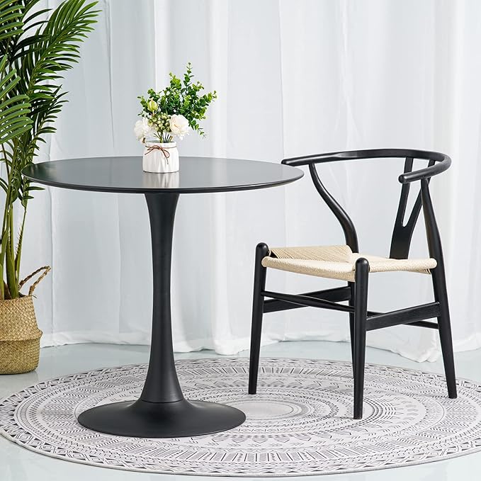 Tomile Solid Wood Wishbone Chair Y Chair Mid-Century Armrest Dining Chair, Hemp Seat (Ash-Black Frame + Natural Cord)