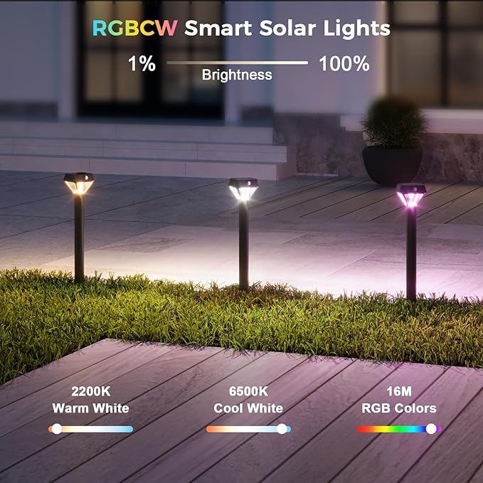 XMCOSY+ Smart Solar Lights Outdoor with Motion Sensor, 150LM APP Control RGBCW Color Changing Garden Lights Solar Powered for Yard Pathway Landscape, Waterproof, 4 Pack