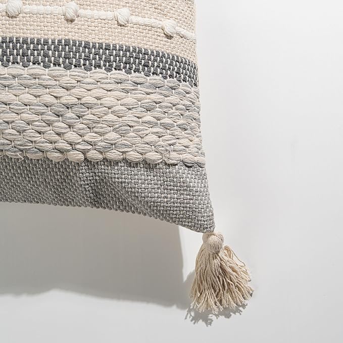 BlissBlush Gray Boho Throw Pillow Cover 20x20 Grey Decorative Accent Pillow for Couch Square Woven Textured Pillowcase Modern Farmhouse Pillow for Bed Bohemian Pillow Cover (Pack of 1)