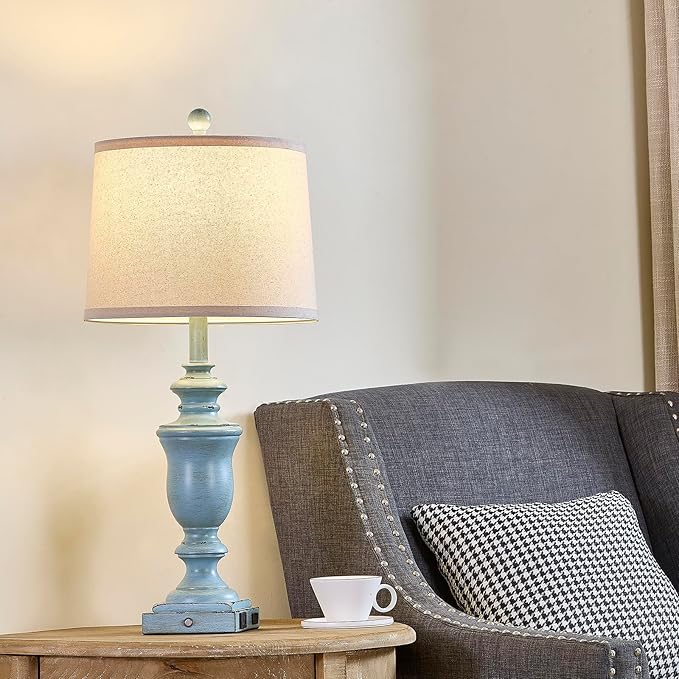 27.5" Set of 2 Farmhouse Table Lamps for Bedroom, 3 Way Dimmable Bedside Lamp with 2 USB +AC Outlet Nightstand Lamps for Living Room Resin Rustic Touch Lamps(Antique Blue)