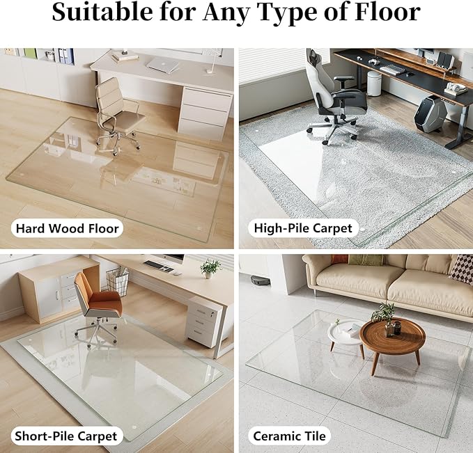 Glass Chair Mat 36" x 55" Heavy Duty Tempered Glass Mat, OfficeOffice Glass Floor Mat with Round Corner and Polished Edge for Smooth Glide, Carpet Hardwood Floor Protector
