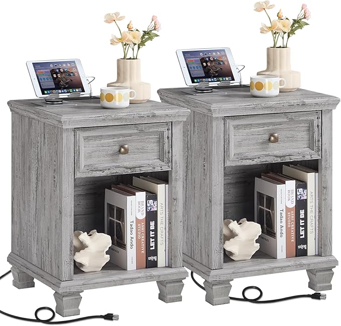 Farmhouse Side Table Set of 2 with Charging Station, Rustic Wood End Table with Drawer, Small Nightstands with Open Shelf for Bedroom, End Tables for Living Room, Grey