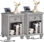 Farmhouse Side Table Set of 2 with Charging Station, Rustic Wood End Table with Drawer, Small Nightstands with Open Shelf for Bedroom, End Tables for Living Room, Grey