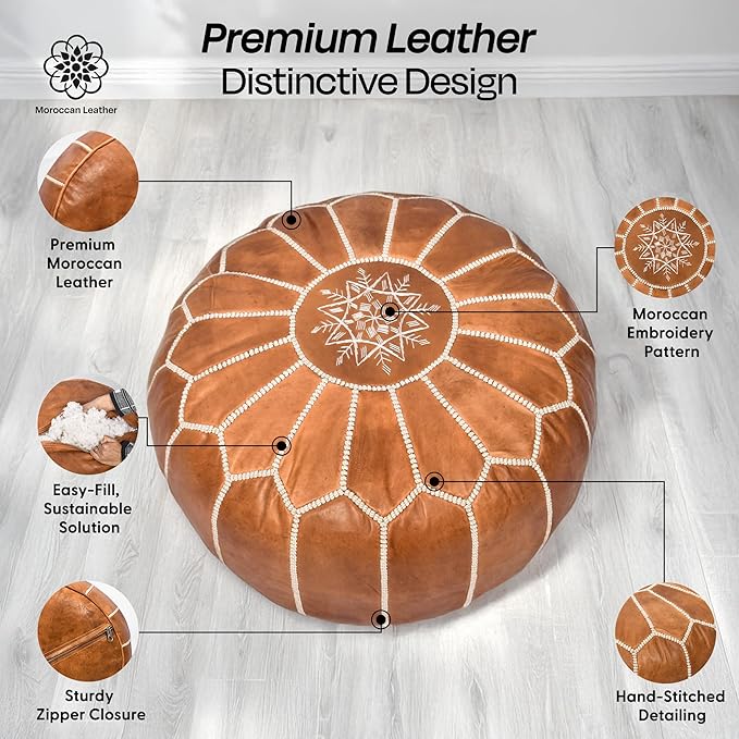 Handmade Moroccan Genuine Leather Pouf Ottoman Cover Unstuffed Foot Stool, Boho Foot Rest Under Desk, Round Ottoman for Living Room, Bedroom - Housewarming & Wedding Gifts