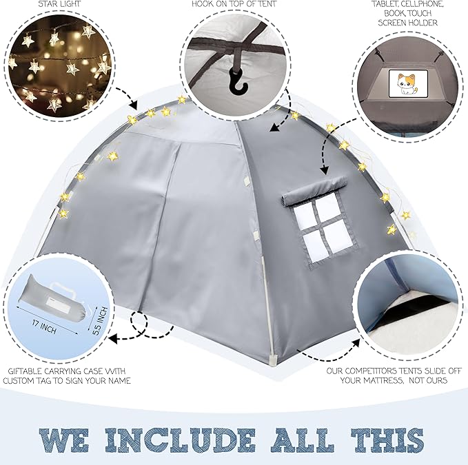 Gray Full Bed Tent for Kids Indoor Fort - Magical Dream Tents for Boys Pop Up Toddler Bed Canopy for Girls Bunk Bed Tent for Top Bunk - Sensory Sleep Pod for Kids Educational