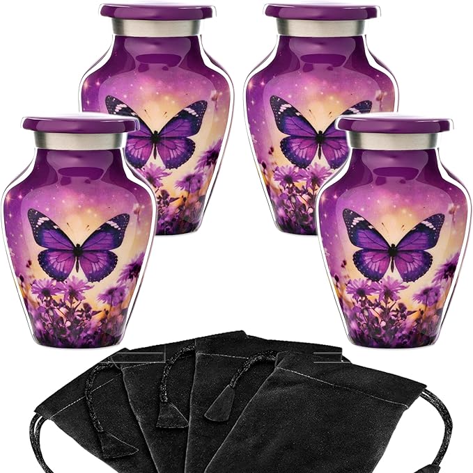 Olivia Memorials Small Urns for Human Ashes Adult Female - Set of 4 Purple Butterfly Urns Keepsakes - Mini Cremation Urn for Mom Dad Baby Pet Dog
