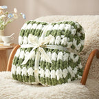 Amélie Home Chunky Knit Throw Blanket for Couch, Soft Chenille Crochet Blanket for Sofa, 50"x60", Sage Green & White Striped