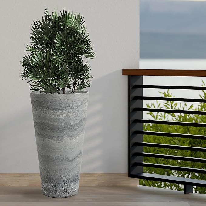Worth Garden 2-Pack Grey Matte Texture Round Tapered Planter - 24.5" H. Tall Plastic Plant Pots with Drain Hole for Indoor Outdoor - Modern Decorative Flower Pots for Front Porch, Patio, Deck