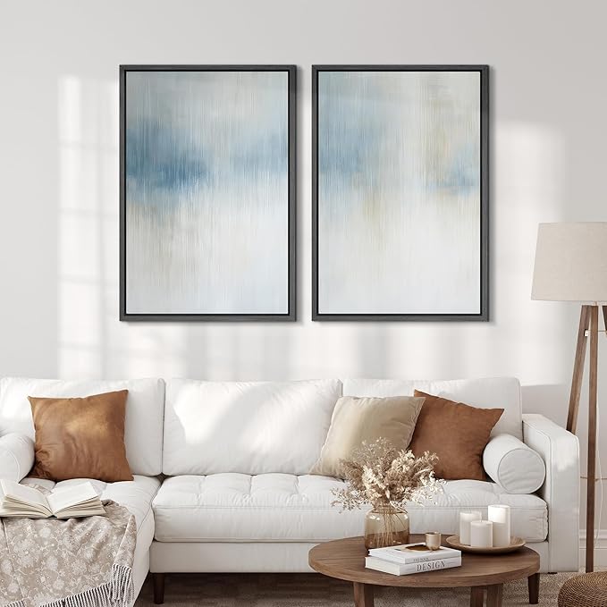 SIGNFORD Framed Canvas Print Wall Art Set Blue and Beige Abstract Modern Neutral Vertical Illustration Modern Art Decorative Nordic Nature for Living Room, Bedroom, Office - 16"x24"x2 Black
