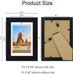 4x6 Picture Frame Set of 4, 4 x 6 Wood Photo Frames with Mat for 3.5x5, Wooden Frame with Real Glass Cover for Wall and Tabletop Display,Black