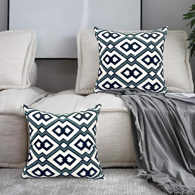 Alysheer Embroidered Decorative Throw Pillow Cover 18"x 18" Set of 2, Classic Boho Geometric Embroidery Pattern Cotton Square Cushion Case for Sofa Couch Living Room Bedroom (Navy Aqua)