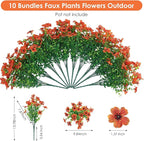 10 Bundles Artificial Faux Flowers for Outdoor,10Pcs Fake Flowers for Home Decor,Plastic Flowers Shrubs Lifelike Artificial Greenery Home Porch Stems Outside Deco(Orange)