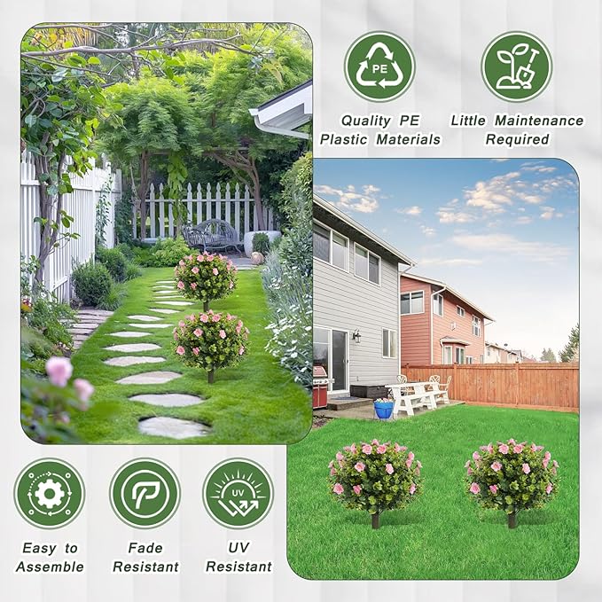 Set of 2 Artificial Pink Camellia Eucalyptus Tree Garden Stakes 20" Height, UV Resistant Faux Floral Bushes with Metal Spikes, Realistic Fake Plants for Porch, Patio, Yard, Garden Outdoor Decor