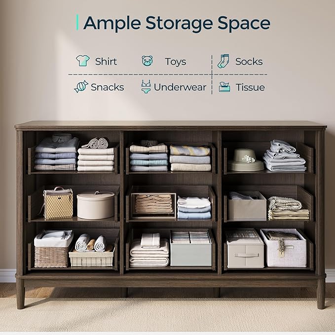 LINSY HOME Fluted Dresser for Bedroom with 9 Drawers, 58" Wide Mid Century Modern Dresser, Tall Boho Chest of Drawers, Large Wood Accent Storage Cabinet for Living Room, Curved Profile Design, Walnut