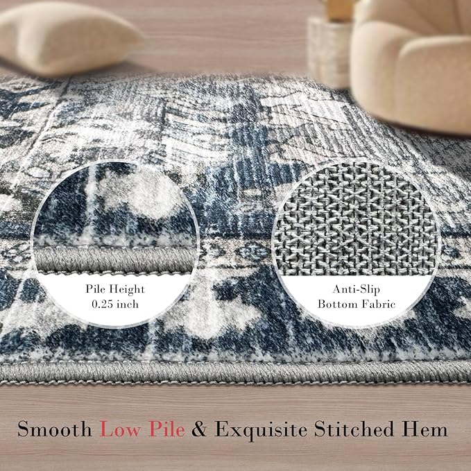 RUGSURE Washable Area Rugs - Perfect for Living Room, Bedroom, Kids Room, Nursery - Stain & Water Resistant Non-Slip, Pet & Child Friendly, Vintage Tribal Area Rugs (Grey and Bule, 2'6'' x 8')