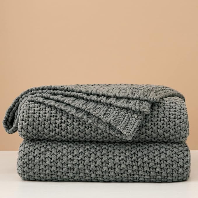 Longhui bedding Chunky Cable Knit Throw Blanket Lightweight Grey 100% Organic Cotton Blanket for Sofa Couch Bed Baby Nursery, Rustic Shabby Chic Modern Farmhouse, Gray 60” x 80” Give Laundering Bag