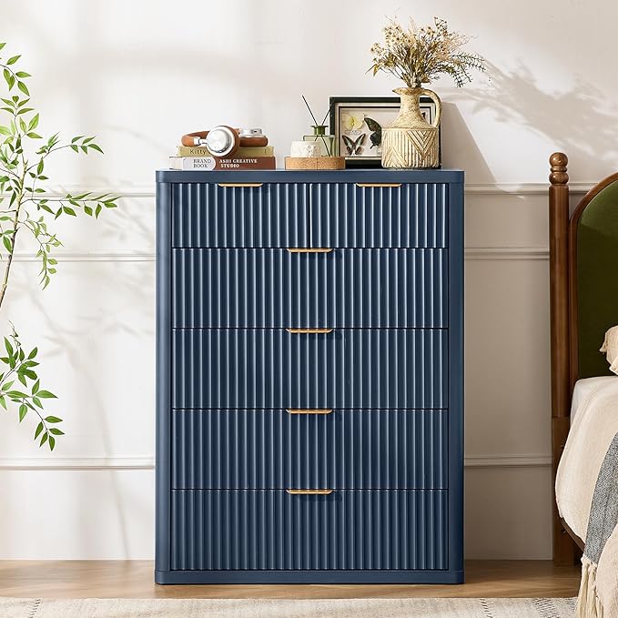 LEYAOYAO Fluted 6 Drawers Dresser for Bedroom Set of 2, 42" Tall Modern Chest of Drawers with Metal Handle, Curved Profile Design,Blue Wood Drawer Organizer for Bedroom, Living Room, Hallway
