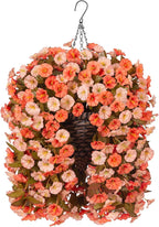 Artificial Fake Fall Hanging Flowers Plants Basket for Outdoor Autumn Decoration, Faux Silk Morning Glory Long Vines Realistic UV Resistant for Outside Home Porch Garden (Fall Orange+Light Orange)