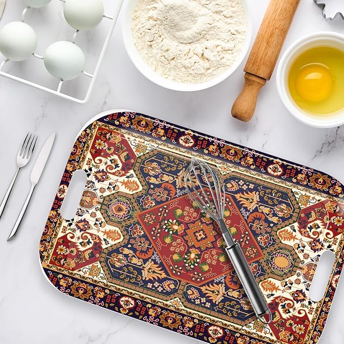 Serving Trays with Handles, 14.5 x 9.8 inch Rectangular Plastic Tray for Restaurant, Kitchen, Dark Red Pattern