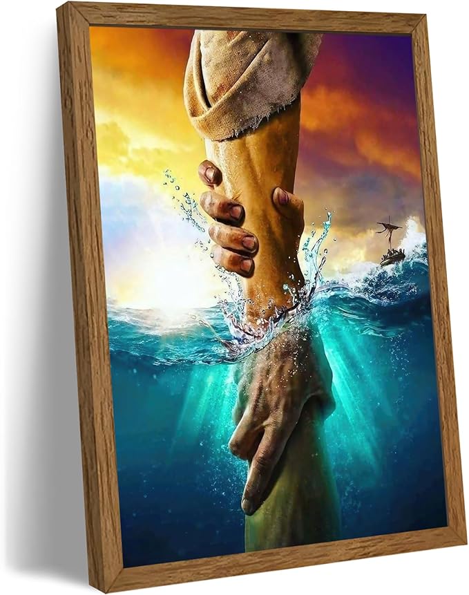 Solid Wood Framed Jesus Christ Canvas Wall Art The Hand of God Jesus Reaching Into Water Christian Painting Prints Biblical Wall Decor Religious Room Decor for Church Prayer Room Schools 24'' x 36''