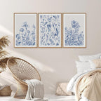 SIGNINART Classic Chinoiserie Framed Canvas Wall Art Set, Blue and White Floral Art Painting, Minimalist Botanical Flower Artwork, Navy Blue Wall Decor for Bedroom, Living Room, Office 16"x24"x3