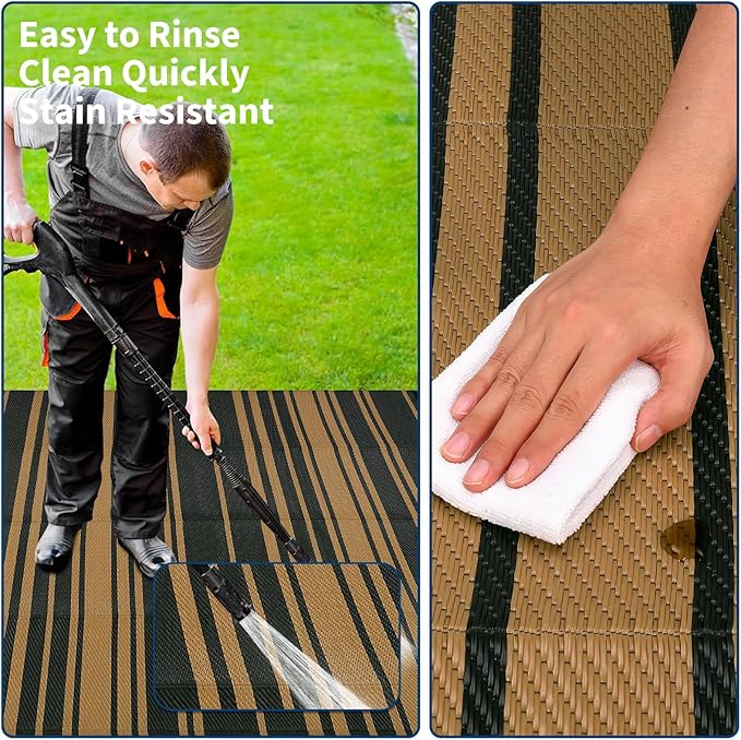 Outdoor Patio Rug 9x12 Stain-Resistant Reversible Camping Mat, Modern Striped Outdoor Plastic Straw Rug, Waterproof Outside Carpet, Easy to Clean for RV, Porch, Deck, Balcony, Black Brown