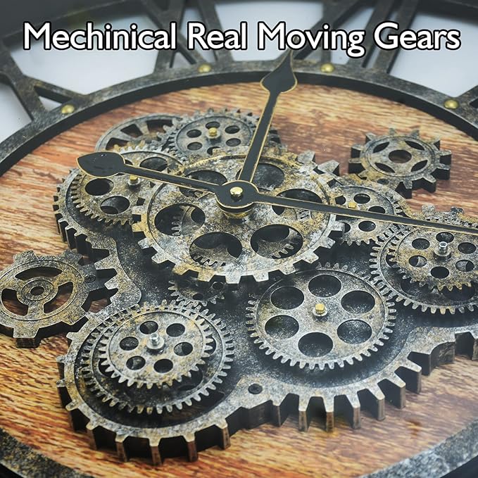 DORBOKER 30'' Large Wall Clock Real Moving Gears Oversized Industrial Solid Wood Rusic Farmhouse Clocks for Living Room Wall Decor Home Office, 30 inch 76cm, Brown and Vintage Bronze