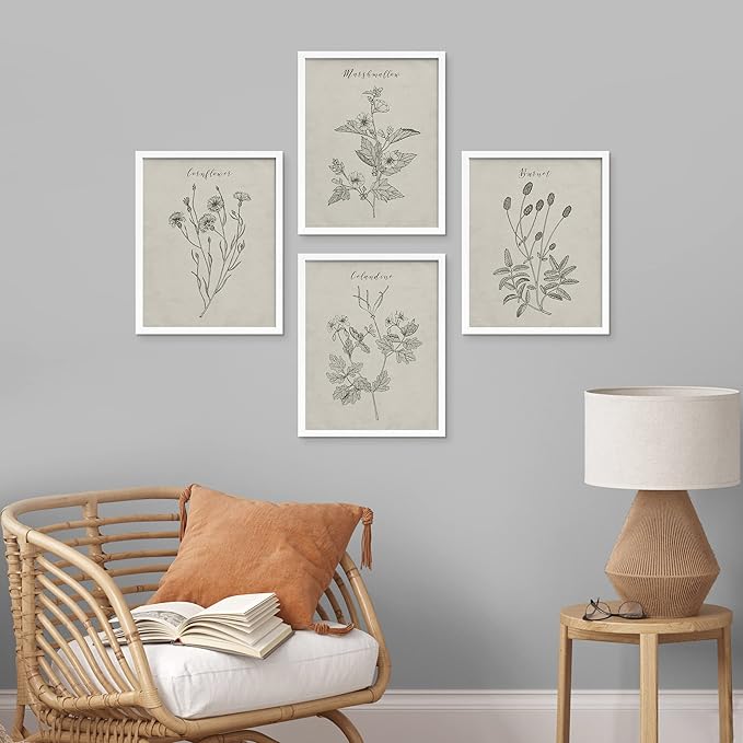 SIGNWIN Framed Vintage Wildflower Wall Art, Set of 4 Plant Collage Drawing Wall Decor Prints, Nature Wilderness Wall Décor for Living Room, Bedroom - 11"x14" White