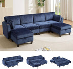 110" Modular Sectional Sofa, Convertible Sleeper Sofa Couch Bed with Adjustable Backrest, U-Shaped Chenille Cloud Couch with Ottoman Storage, Deep Seat Couches for Living Room,Blue