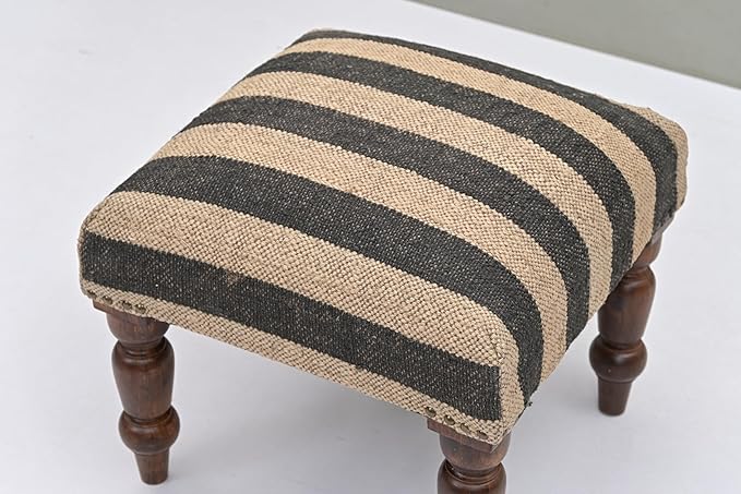 Handmade Jute Soft Ottomans Square Shape Stool for Sitting and Foot Rest with Wooden Legs, Entryway Modern Stool for Living Room, Bedroom, Hall (White, L 15.74 x W 15.74 x H 14 inch)